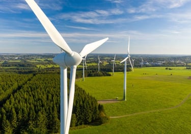 wind turbines in a green field