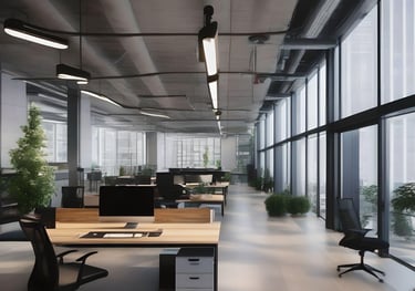 inside of an office with tables and chairs