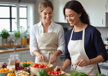 An assortment of colorful and healthy meals is arranged on a table. There are bowls containing salads with fresh vegetables like broccoli, peas, greens, and other garnishes. A glass of chia pudding with berries is placed alongside a refreshing beverage garnished with citrus fruits and mint leaves.