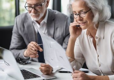 Medicare advisor sitting with a senior couple, explaining Medicare Advantage plan options at a table