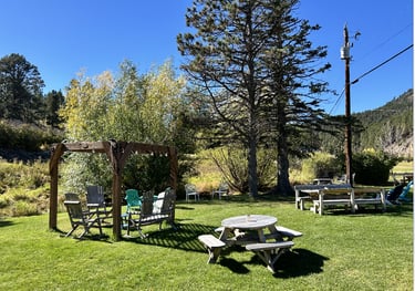 Outdoor backyard with the creek and games for family-friendly fun and entertainment.