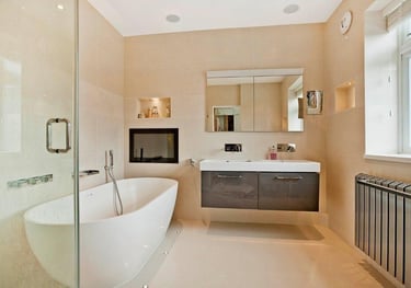 Waterproof mirror TV installation in a luxury London bathroom by MountMyTV