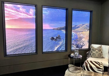 4K virtual window display showing a high-resolution mountain landscape in a London home.
