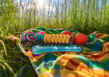 Dog toys on a blanket in a meadow. Art by ai&me