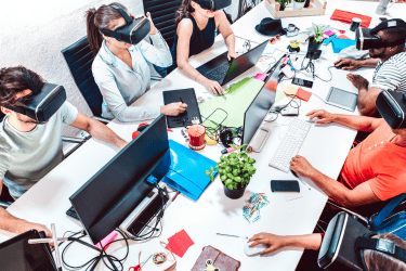 a group of people wearing virtual reality headsets