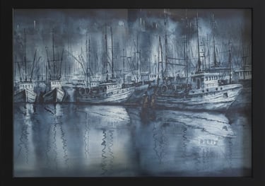 watercolour painting of trawlers in dock.