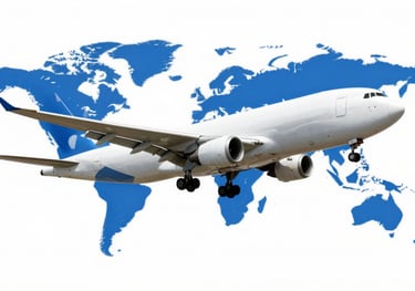 A cargo plane and a ship integrated into a global logistics graphic. Modern and efficient. Dominant colors are #2F5B8B and #8DAFD8.