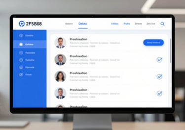 A modern office setting showing a digital interface with provider profiles and verification checkmarks. Professional and trustworthy mood using #2F5B8B.