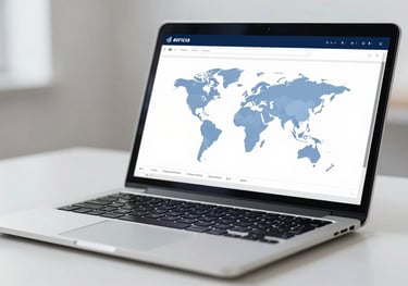 Close-up of a professional desk with a laptop displaying a spreadsheet and a world map. Minimalist and corporate aesthetic. Colors feature #0F1E3D and soft #8DAFD8 highlights.
