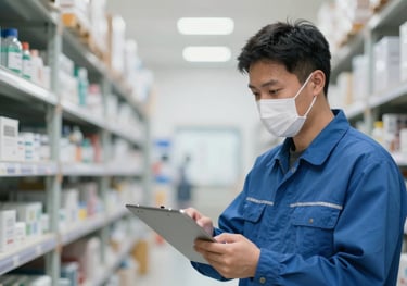 An inspection professional checking products in a clean, modern warehouse facility in China. Lighting is bright and professional.