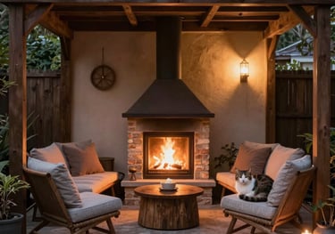 Cozy backyard patio with a wood-burning outdoor fireplace, rustic wooden pergola, and comfortable lounge seating.