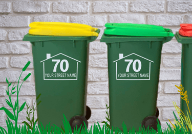 Wheelie bin rubbish bin number and street in a house shape