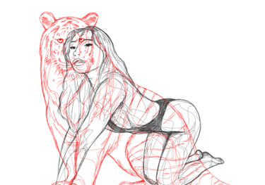 nuditat line art woman and tiger