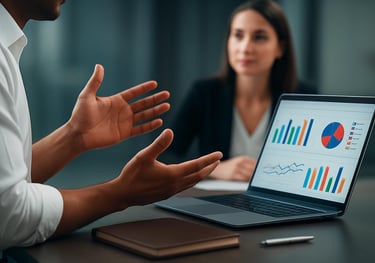 a man and woman sitting at a table with a laptop
