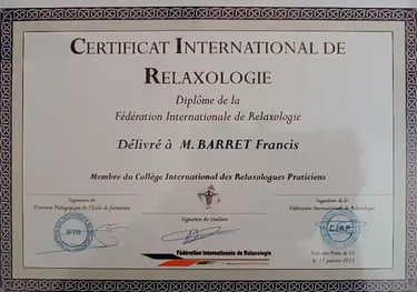 Certificat International de Relaxologie de Francis Barret délivré par la Fédération Internationale