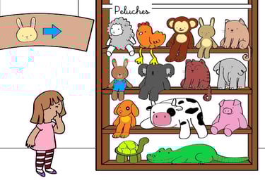 dessin petite fille qui regarde une armoire rempli de peluches et doudous