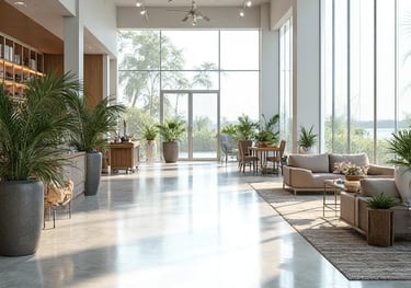 A large showroom with Polished Concrete floor