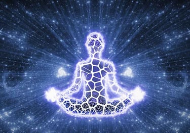 Figure of a person in a meditative pose, with converging glowing lines, a starry, radiant background