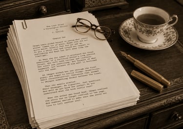 A full manuscript on an old desk with some reading glasses, fountain pen, and a cup of tea