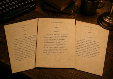 three manuscripts fanned out on an old desk