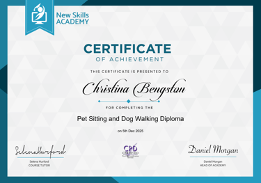 A certificate from the New Skills Academy awarded to Christina Bengston