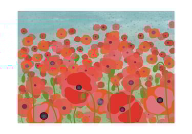 Digital painting of a vibrant field of red poppies under a light blue textured sky.
