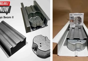 Various images of the Mega Beam II for ceiling fans in Allumawood patio covers.