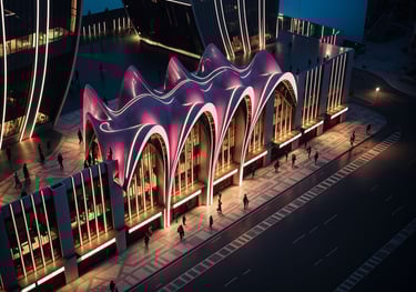 Landmark pavilion architecture featuring a sculptural canopy at the Dubai waterfront