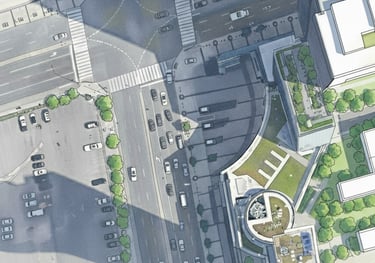 Public realm intersection architecture transforming Yonge and Sheppard into a pedestrian civic space