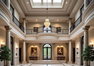 Spacious living room with ornate ceiling moldings, plush seating, and classic European-inspired deta