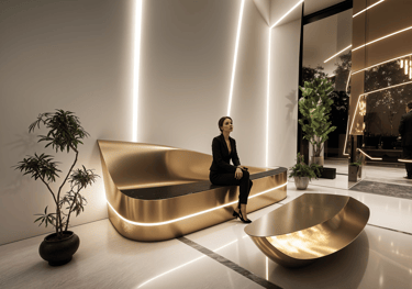 Luxury residential lobby architecture with sculptural gold interior elements in downtown Toronto