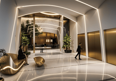 Luxury residential lobby architecture with sculptural gold interior elements in downtown Toronto