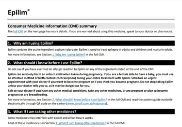 Partof first page of Consumer Medicine Information