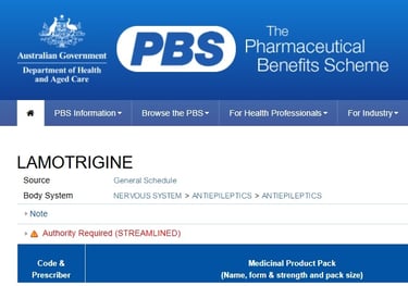 Screen shot of PBS entry for lamotrigine