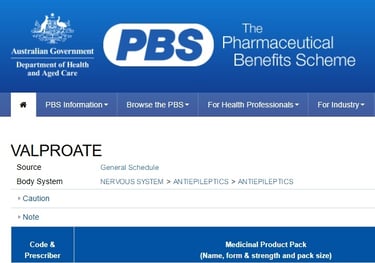Screen shot of PBS entry for valproate