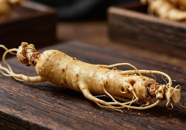Macro photography of a fresh ginseng root on a dark wood table in a North American / US apothecary setting. The lighting is warm and emphasizes the natural, premium quality.