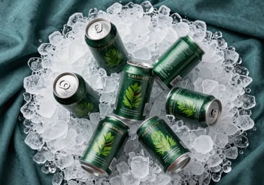 A top-down shot of several Dark Forest Green Calegre cans arranged artistically on a bed of fresh ice, surrounded by Muted Teal fabric. Bright, premium aesthetic.