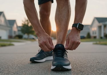 A close-up shot of a person's hands wearing a high-end smartwatch, tying their running shoes in a North American / US suburban driveway at sunrise. Energetic and crisp.