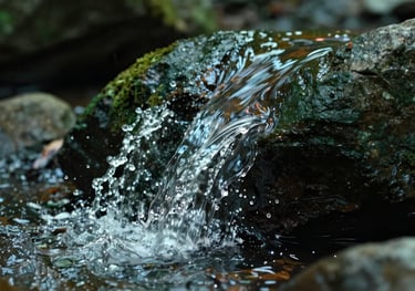 Macro photography of clear, sparkling spring water splashing over a smooth Dark Forest Green stone, captured in a North American / US mountain forest setting. High contrast and clean lighting.