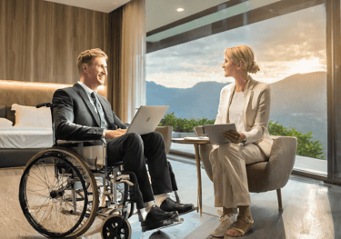 Rollstuhlfahrer sitzt einer Dame bei einem Beratungsgespräch in einem Hotelzimmer gegenüber
