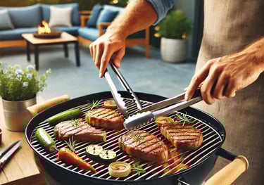 Person grilling on a charcoal grill with meat and vegetables.