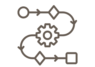 Process workflow icon showing a flowchart with arrows and a gear representing business automation.