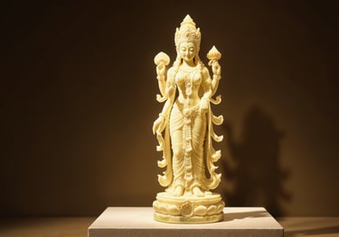 Hand-carved onyx stone statue of a serene goddess figure with multiple arms, standing gracefully on
