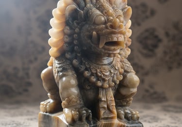 Hand-carved onyx sculpture of a mythic guardian creature with intricate details, golden and smoky