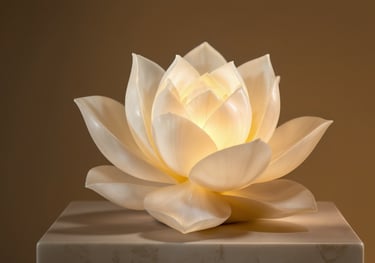 White onyx lotus sculpture glowing softly from within, symbolizing purity and enlightenment in elega