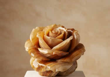 Golden onyx rose sculpture with layered petals, glowing with natural warmth and soft luminosity.