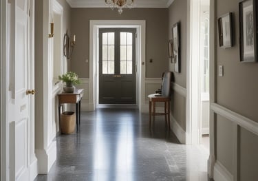 A serene granite hallway, showcasing quality stonework restoration.