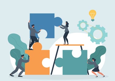 persone che compongono un maxi puzzle