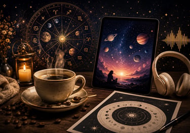 A digital tablet displaying a galaxy landscape next to a steaming coffee cup and astrology charts.
