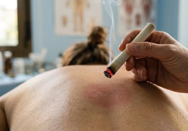 A practitioner performs a traditional moxibustion treatment using a burning moxa cigar on a patient's back.